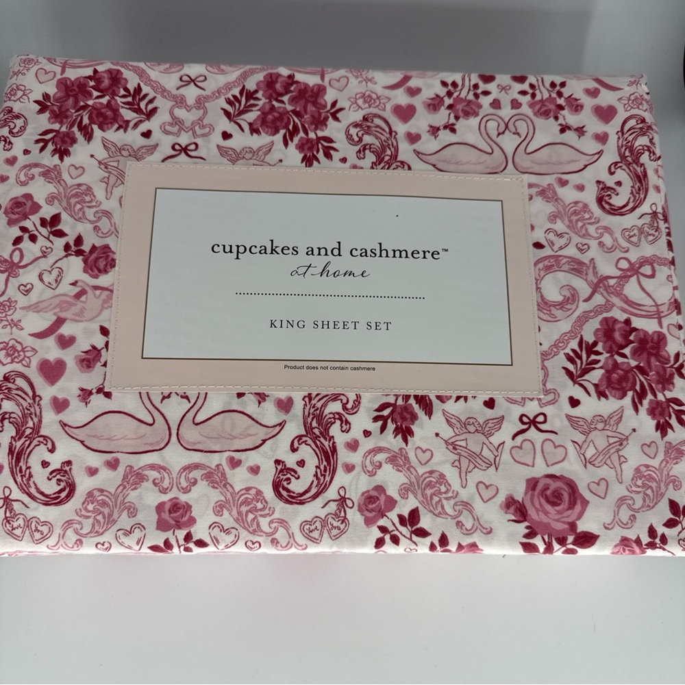 Cupcakes and Cashmere Toile Swan KING Sheet Set Pink White Floral Print Bedding